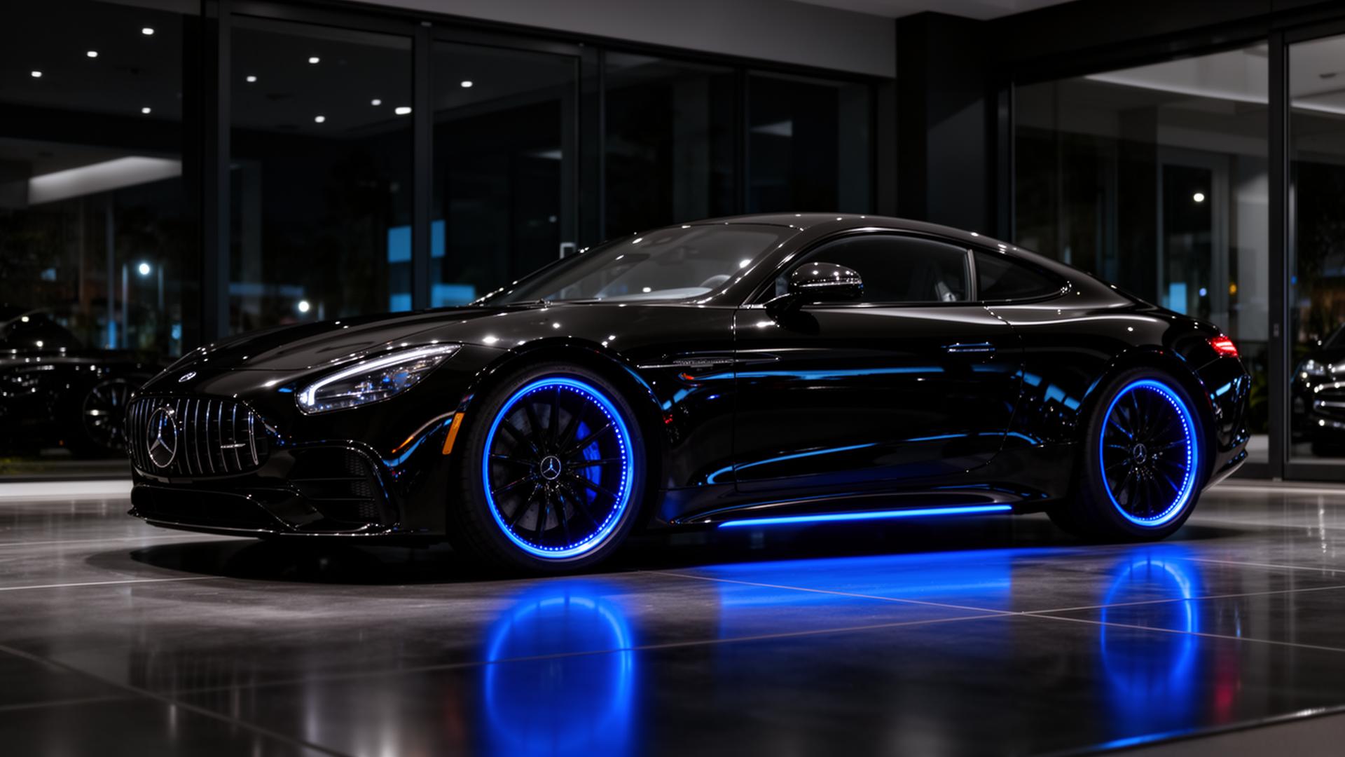 Carro premium preto com iluminação azul em showroom